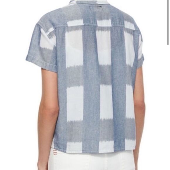 Current Elliott Emma Shirt Womens Blue White Plaid Short Sleeve Linen 2 S - Picture 2 of 7